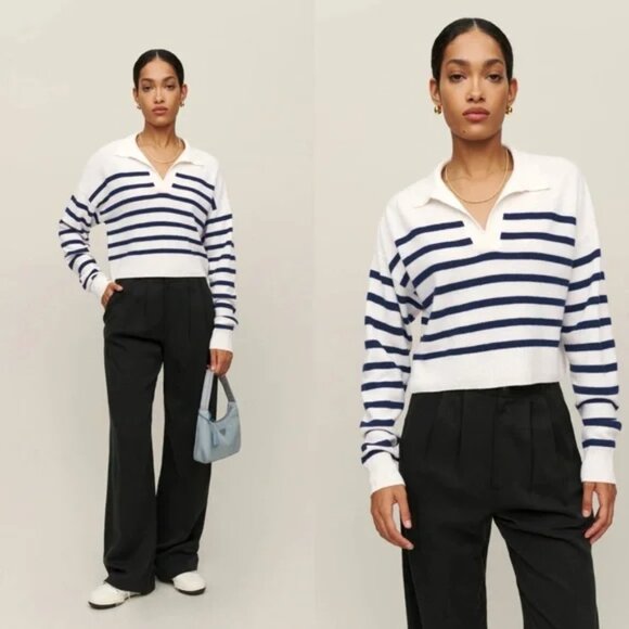 Reformation Cashmere Polo Sweater Navy.Stripe Large - Picture 1 of 9